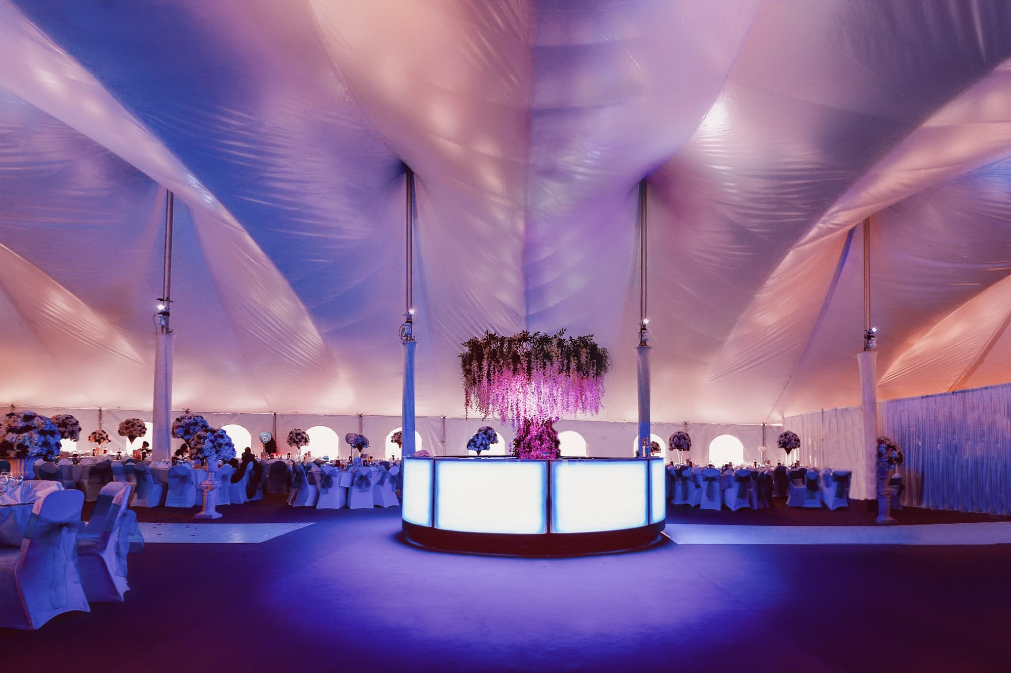The Mega Marquee lit for an evening celebration