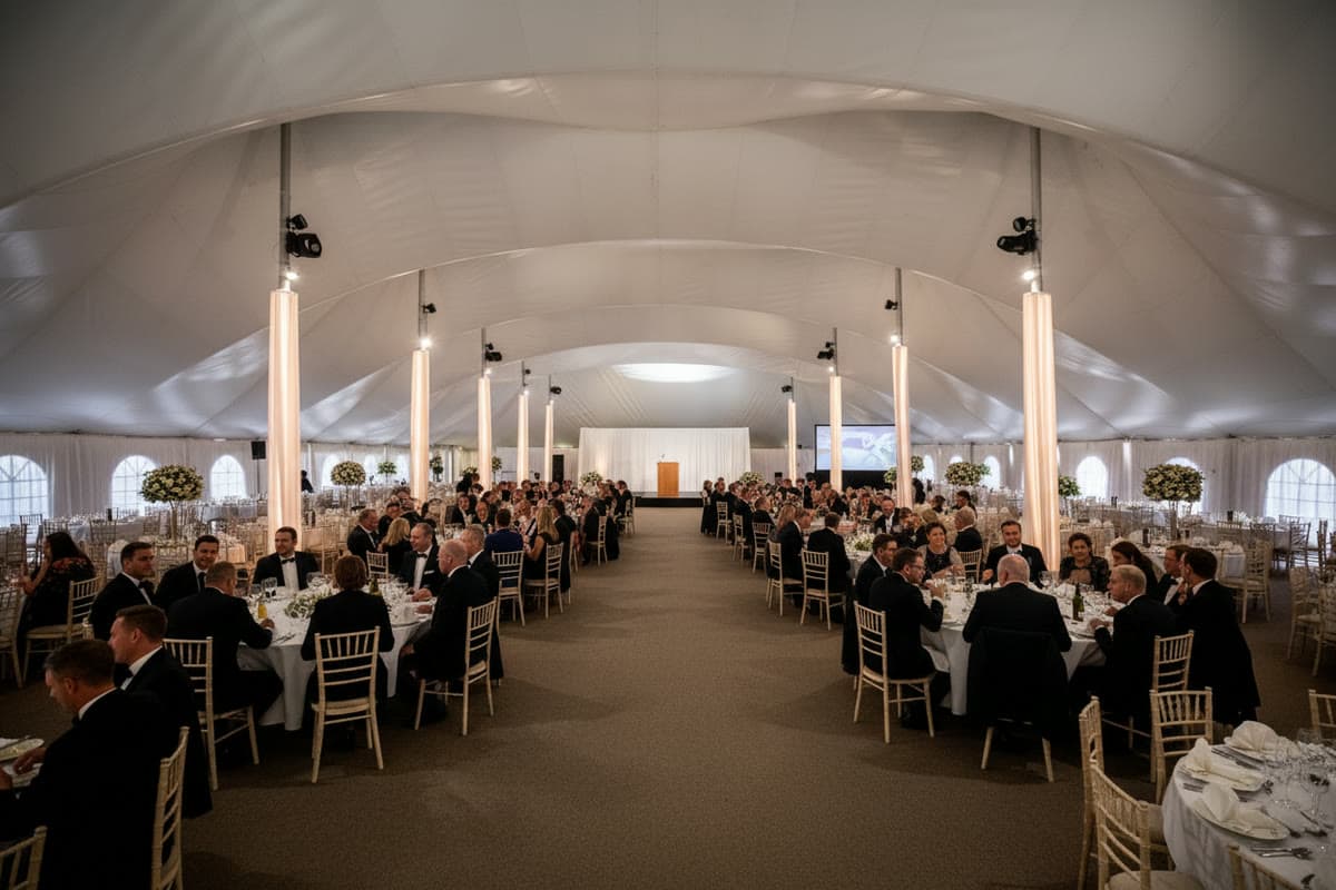A black-tie corporate gala dinner beneath the Mega Marquee's vaulted ceiling