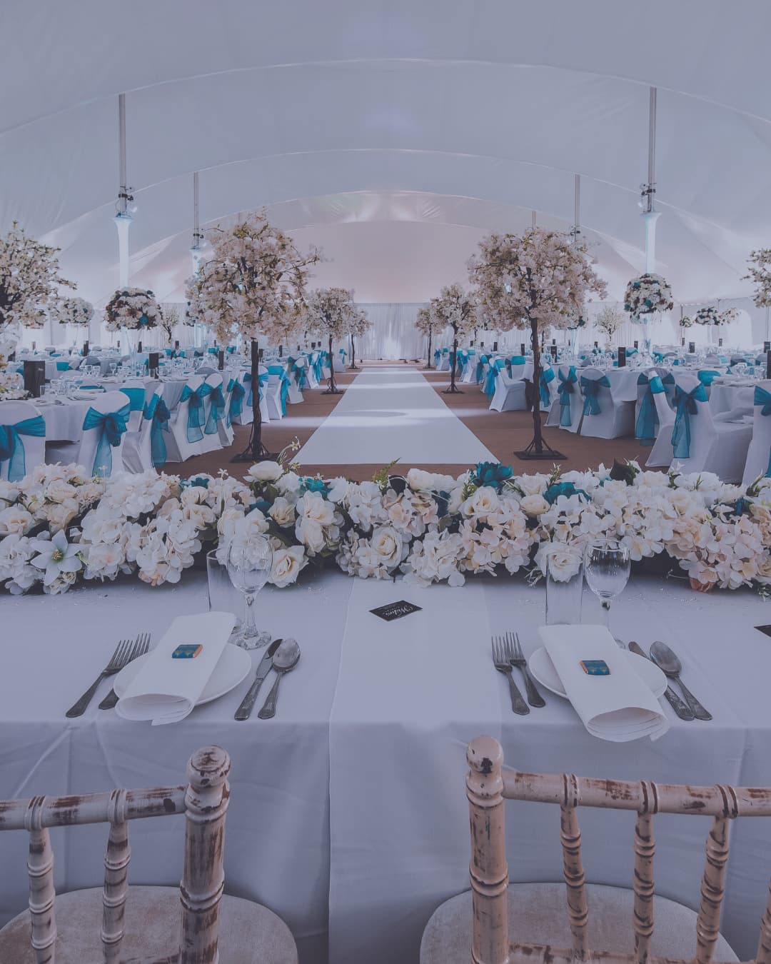 A wedding aisle lined with blossom trees beneath the marquee canopy