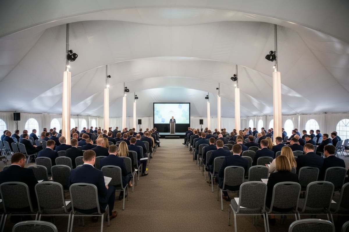 A corporate conference in theatre-style seating in the Mega Marquee